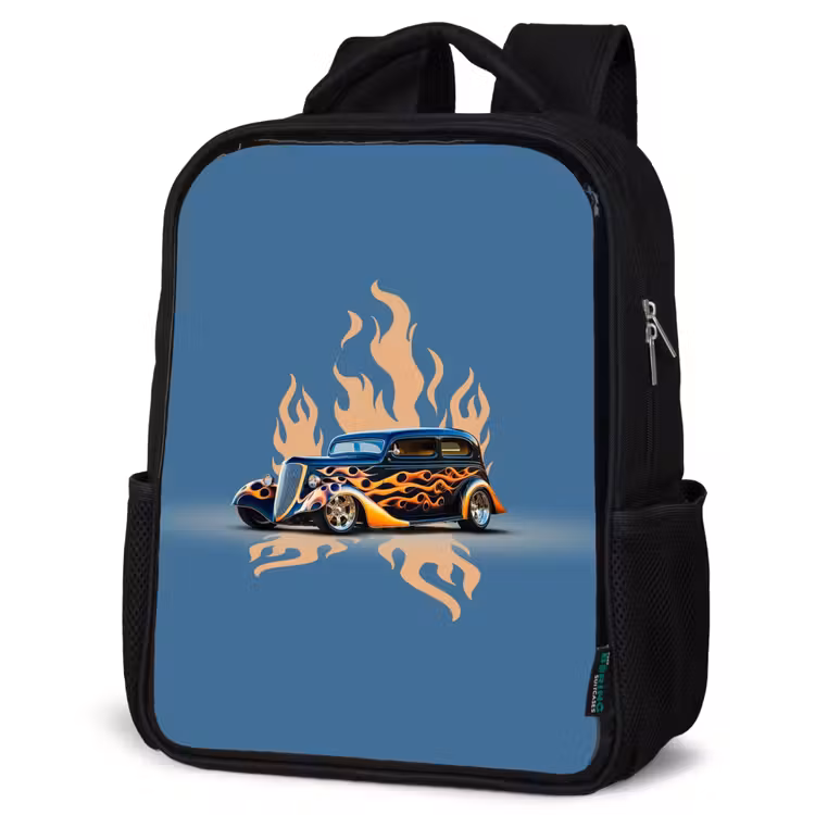 Kids backpack - Black - Black car with beige flames — 6