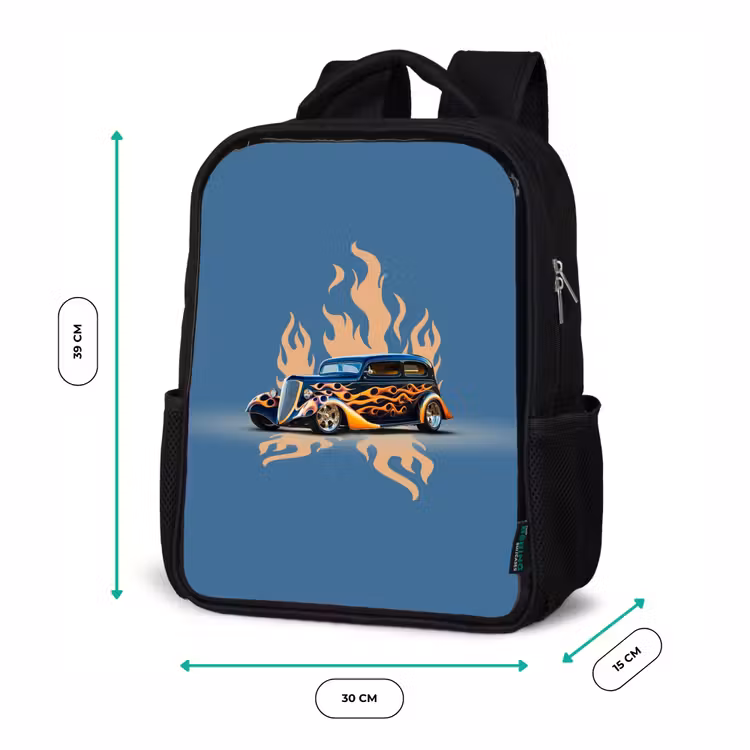 Kids backpack - Black - Black car with beige flames — 8
