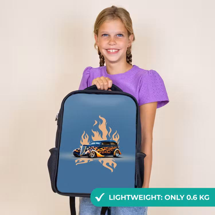Kids backpack - Black - Black car with beige flames — 9