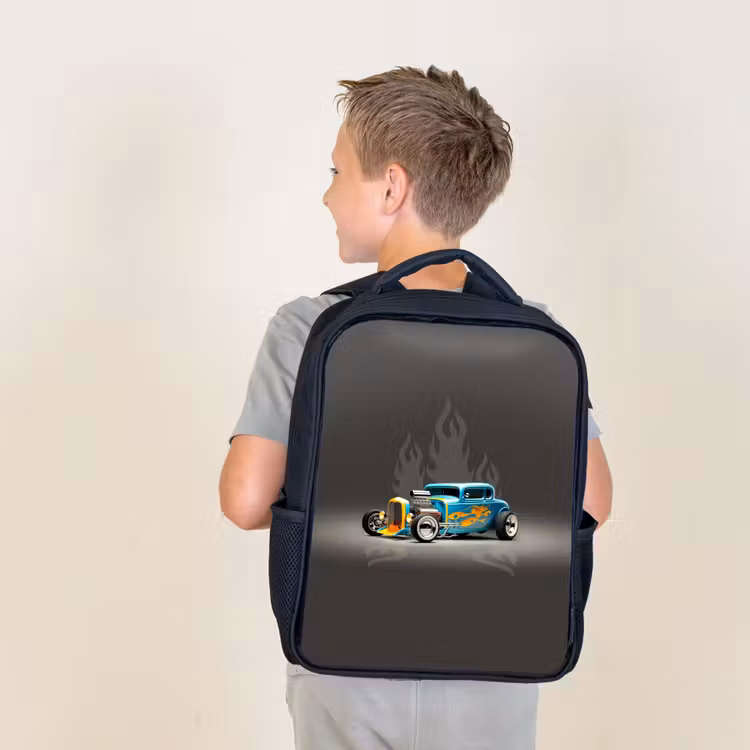 Kids backpack - Black - Blue car with gray flames — 2