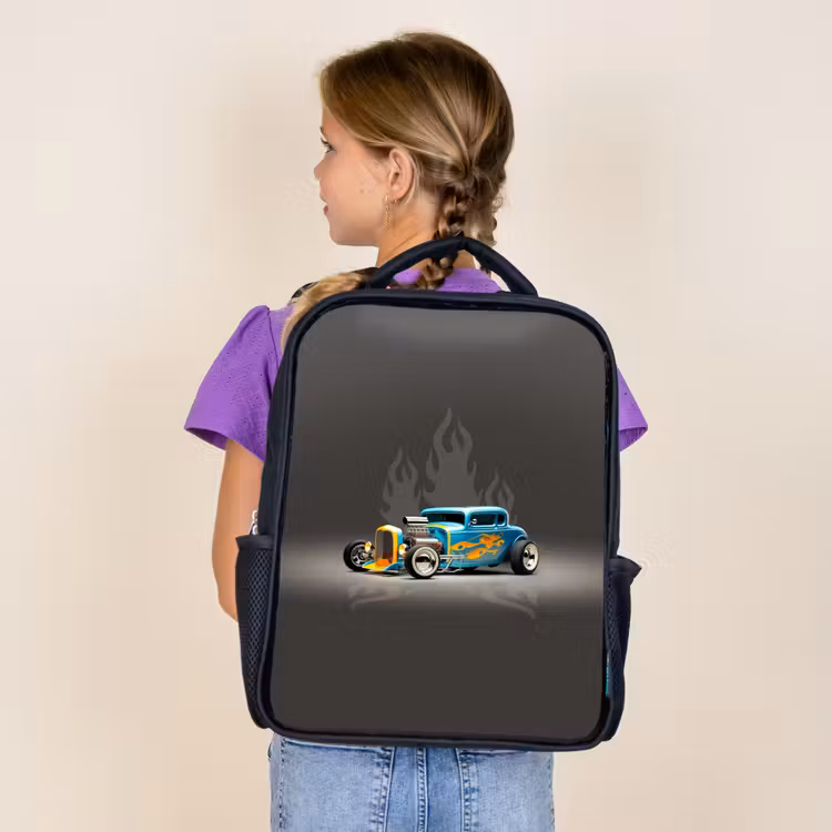 Kids backpack - Black - Blue car with gray flames — 4
