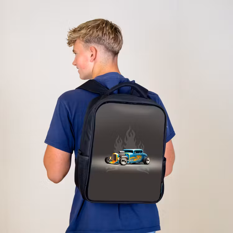 Kids backpack - Black - Blue car with gray flames — 5