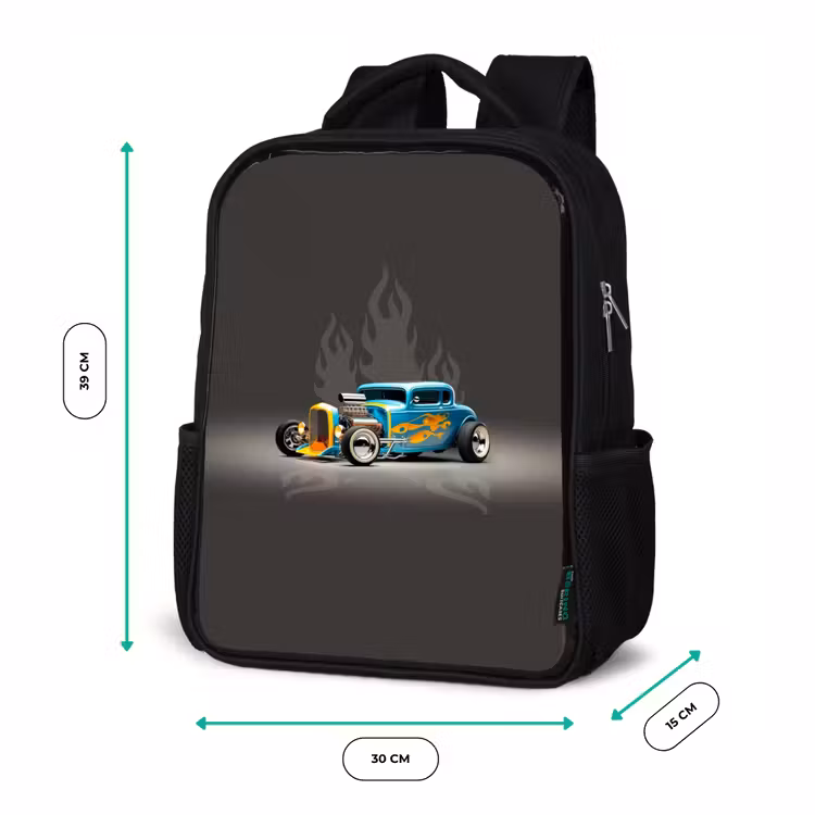 Kids backpack - Black - Blue car with gray flames — 8