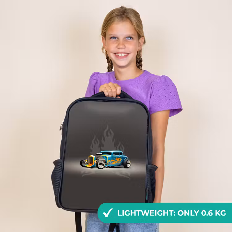 Kids backpack - Black - Blue car with gray flames — 9