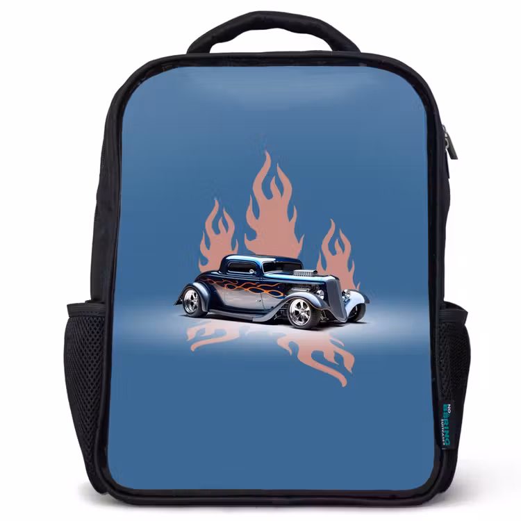 Kids backpack - Black - Blue car with pink flames — 1