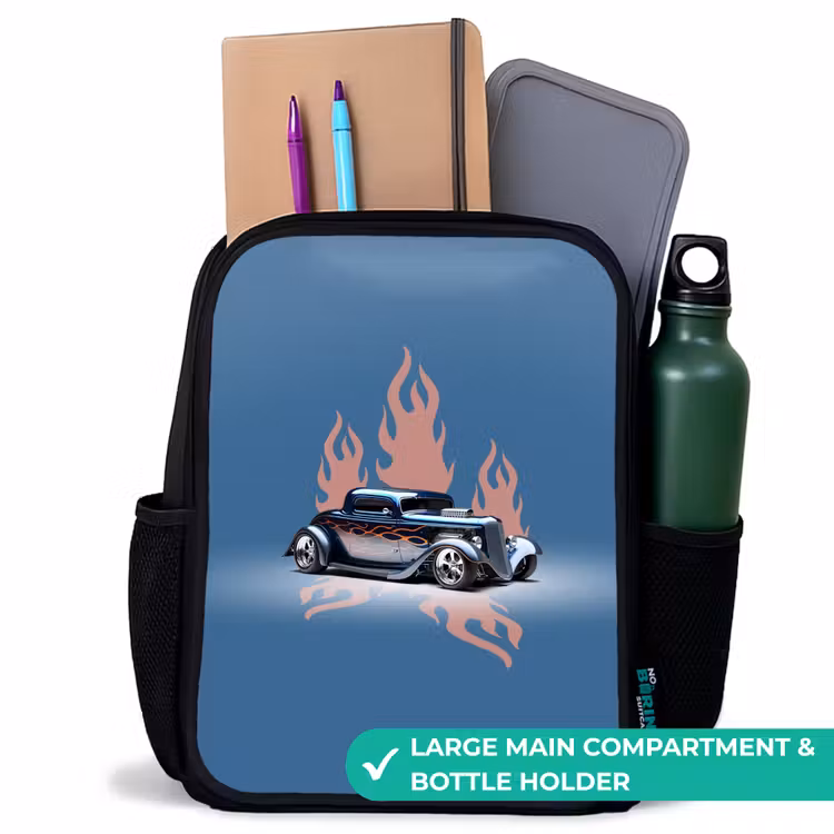 Kids backpack - Black - Blue car with pink flames — 10