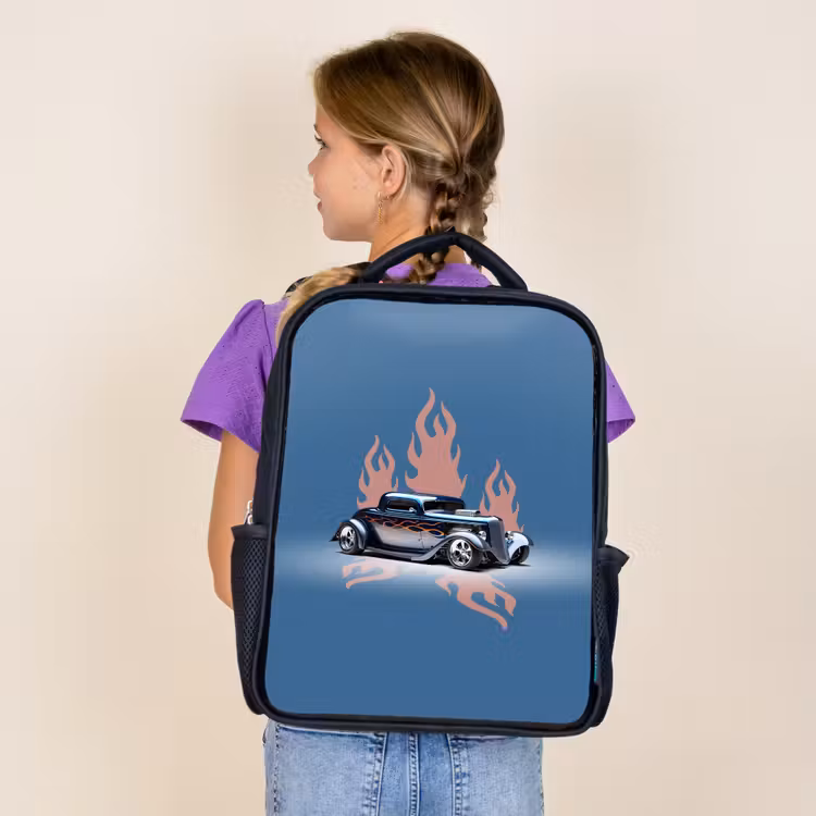 Kids backpack - Black - Blue car with pink flames — 4