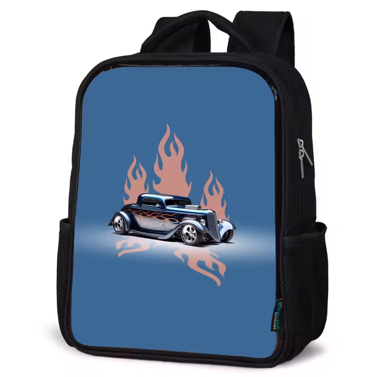Kids backpack - Black - Blue car with pink flames — 6