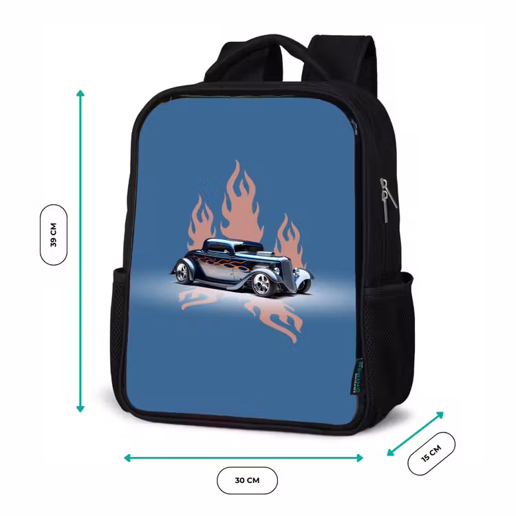 Kids backpack - Black - Blue car with pink flames — 8