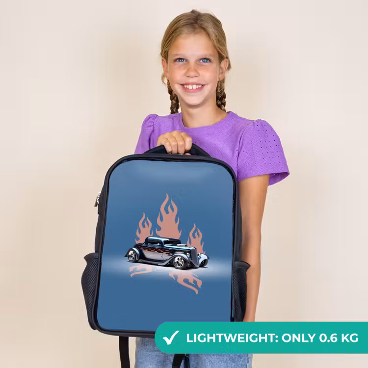 Kids backpack - Black - Blue car with pink flames — 9