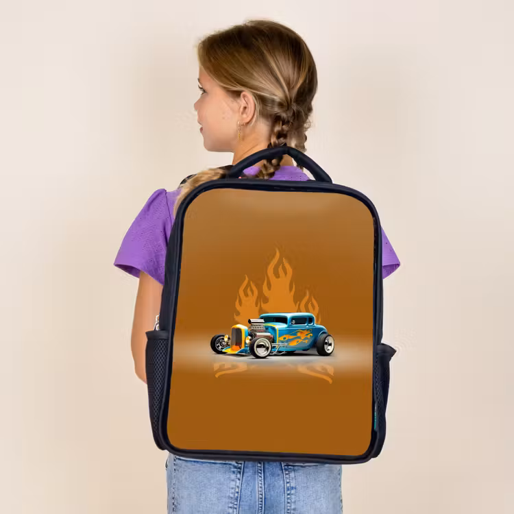 Kids backpack - Black - Blue car with yellow flames — 4