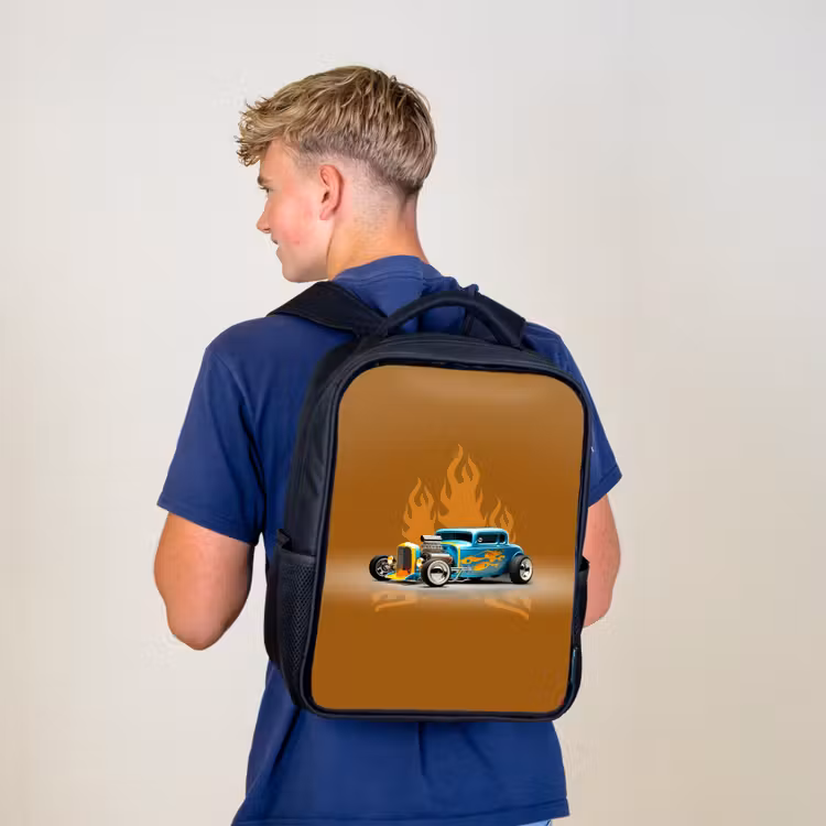 Kids backpack - Black - Blue car with yellow flames — 5