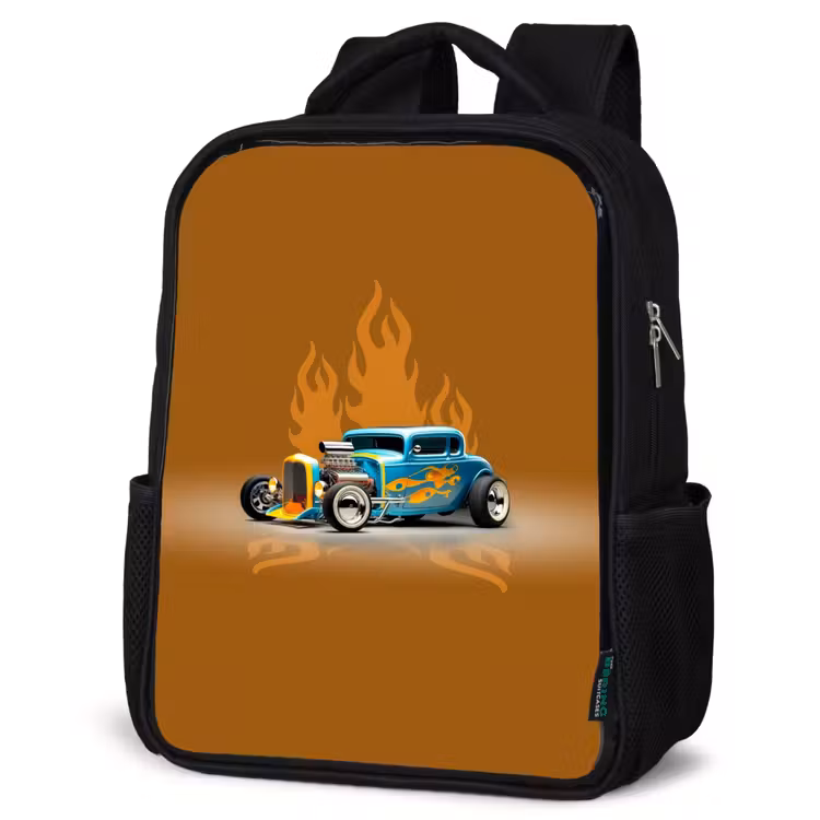 Kids backpack - Black - Blue car with yellow flames — 6