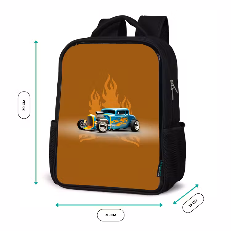 Kids backpack - Black - Blue car with yellow flames — 8