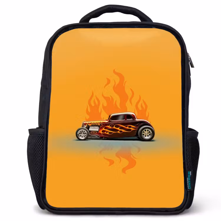 Kids backpack - Black - Brown car with yellow flames — 1