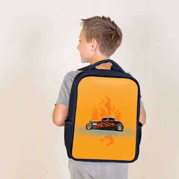 Kids backpack - Black - Brown car with yellow flames — 2