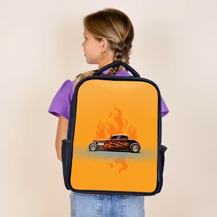 Kids backpack - Black - Brown car with yellow flames — 4