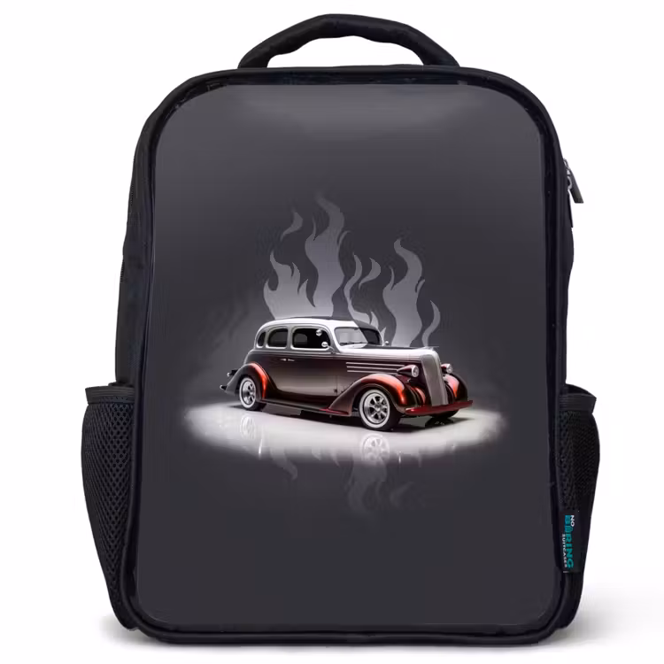 Kids backpack - Black - Gray car with gray flames — 1