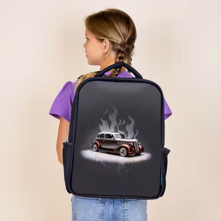 Kids backpack - Black - Gray car with gray flames — 4