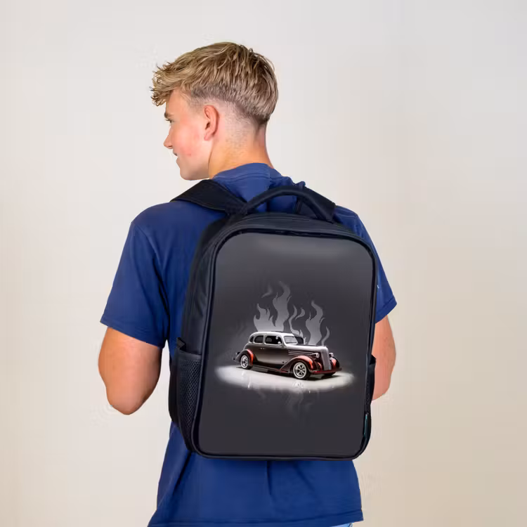 Kids backpack - Black - Gray car with gray flames — 5