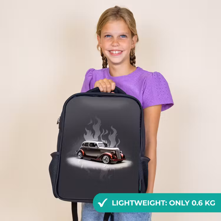 Kids backpack - Black - Gray car with gray flames — 9