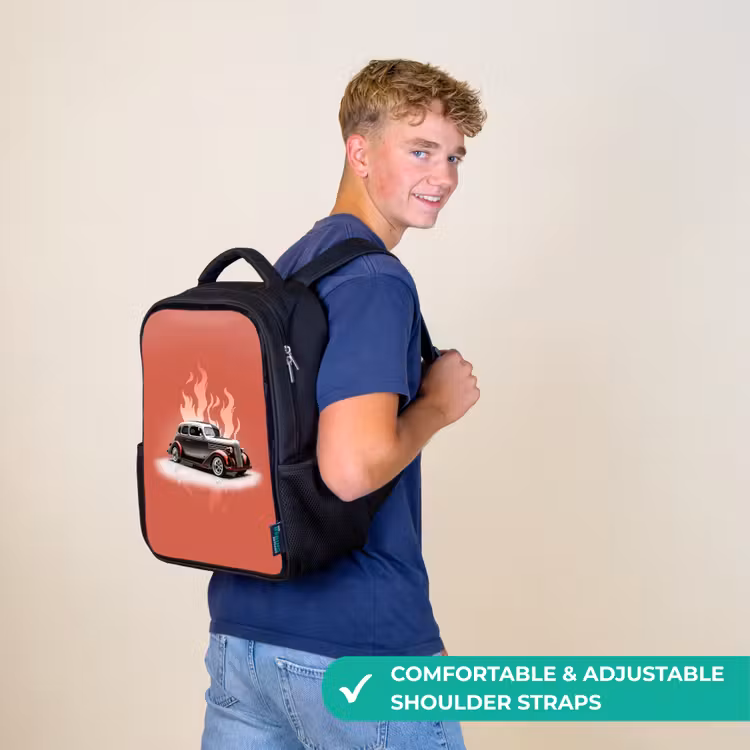 Kids backpack - Black - Gray car with pink flames — 11