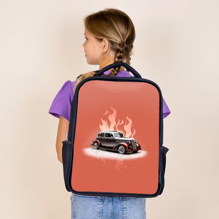 Kids backpack - Black - Gray car with pink flames — 4