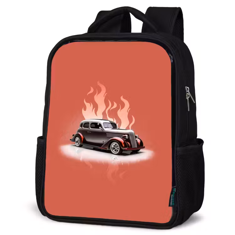 Kids backpack - Black - Gray car with pink flames — 6