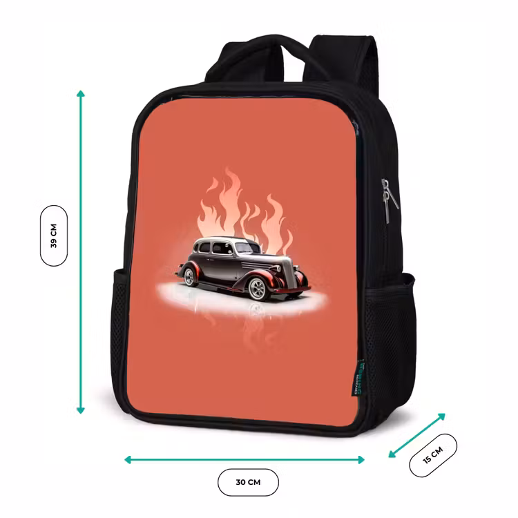 Kids backpack - Black - Gray car with pink flames — 8