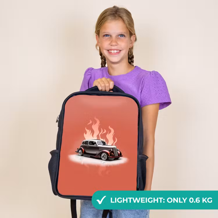 Kids backpack - Black - Gray car with pink flames — 9