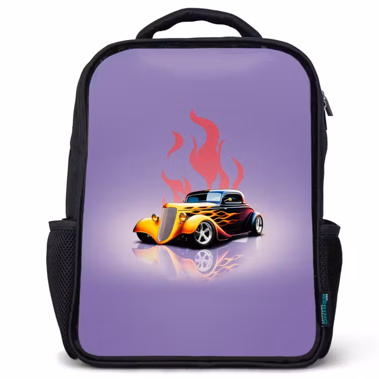 Kids backpack - Black - Yellow car with pink flames — 1