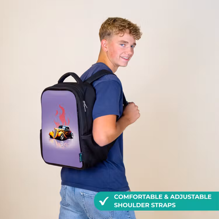 Kids backpack - Black - Yellow car with pink flames — 11