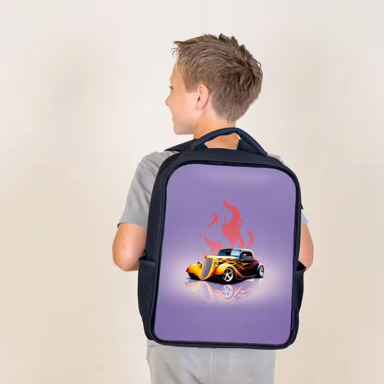 Kids backpack - Black - Yellow car with pink flames — 2