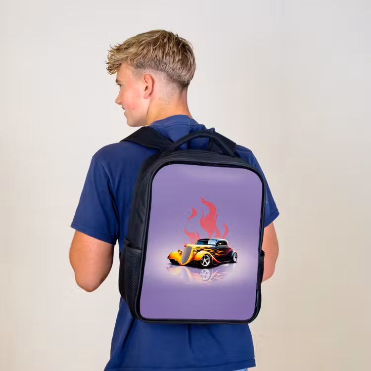 Kids backpack - Black - Yellow car with pink flames — 5