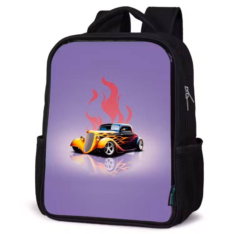 Kids backpack - Black - Yellow car with pink flames — 6