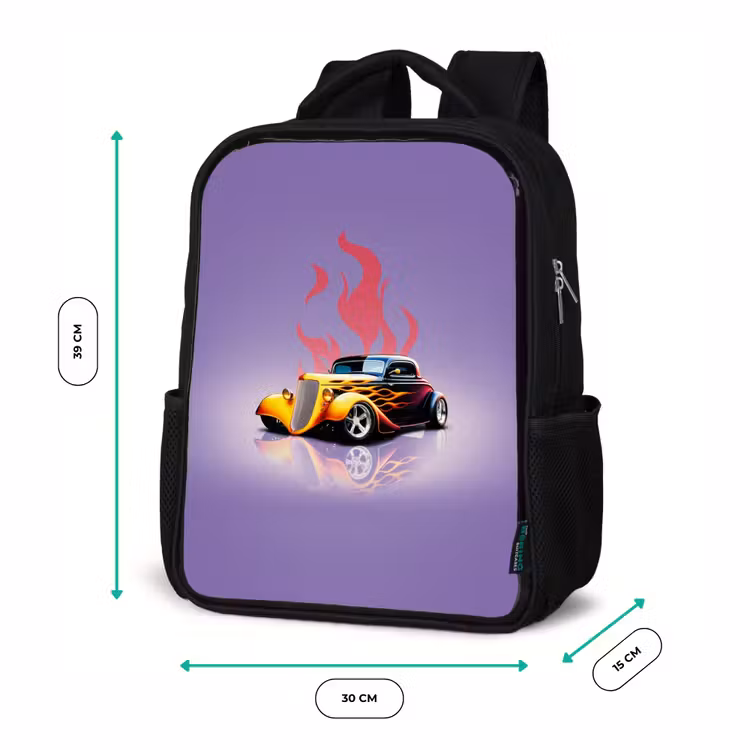 Kids backpack - Black - Yellow car with pink flames — 8