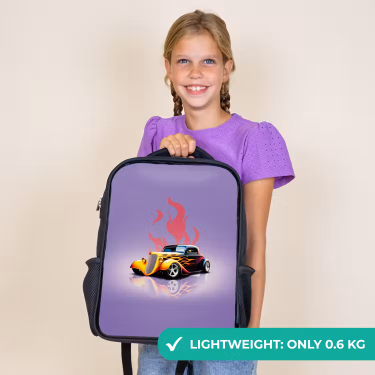Kids backpack - Black - Yellow car with pink flames — 9