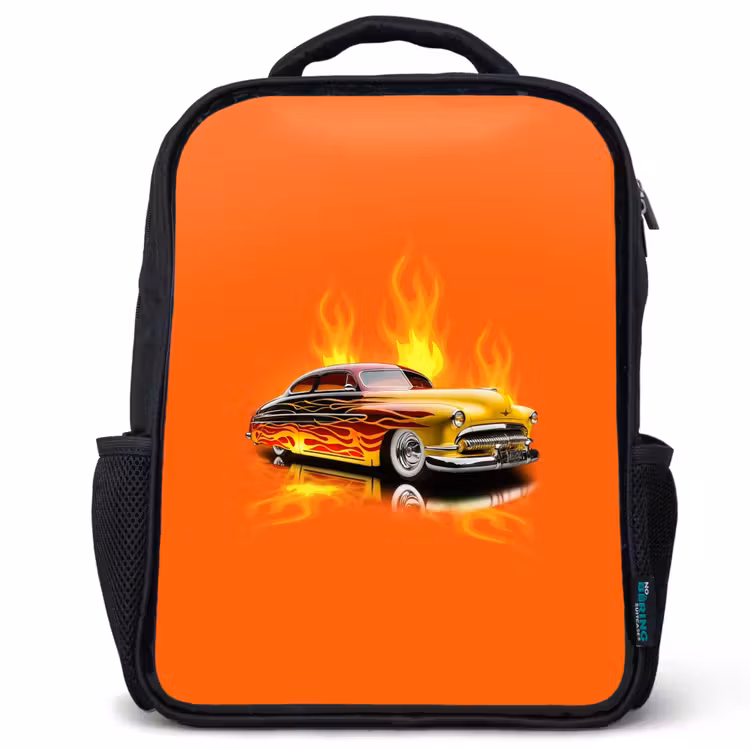 Kids backpack - Black - Yellow car with yellow flames — 1