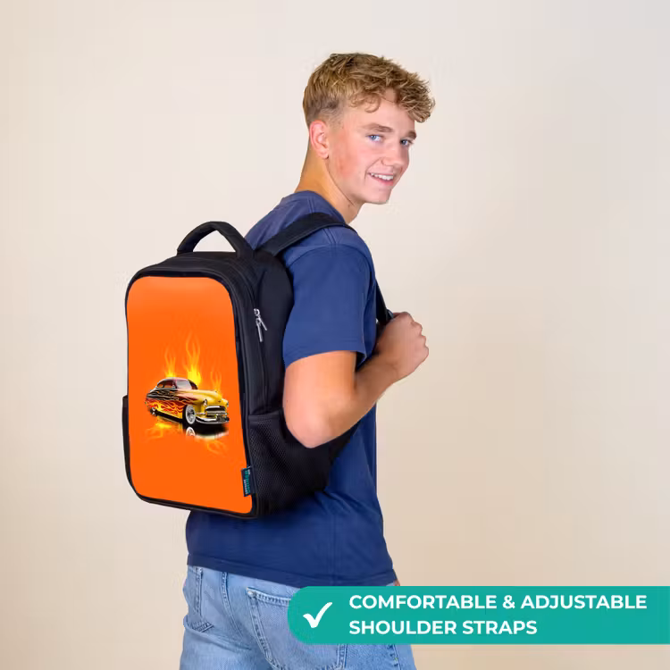 Kids backpack - Black - Yellow car with yellow flames — 11