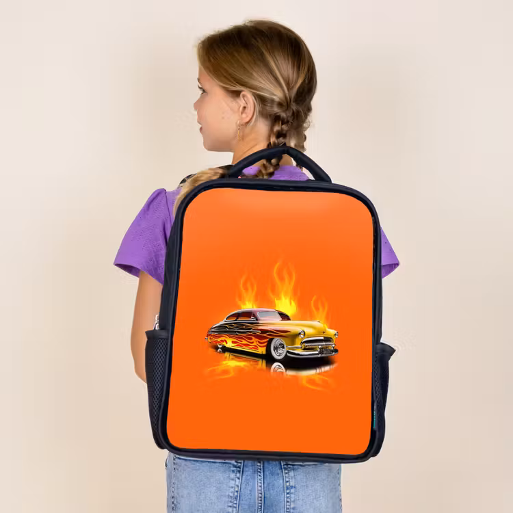 Kids backpack - Black - Yellow car with yellow flames — 4