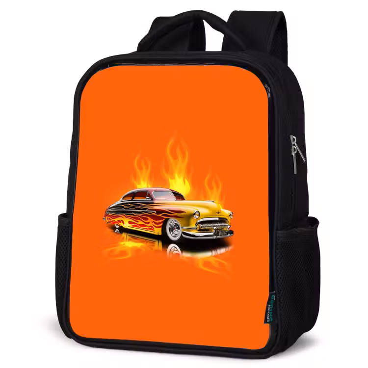 Kids backpack - Black - Yellow car with yellow flames — 6
