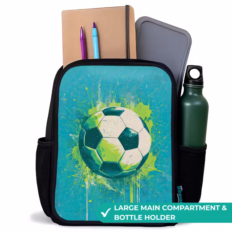 Kids backpack - Black - Soccer - Paint Splashes - Green - Blue — 10