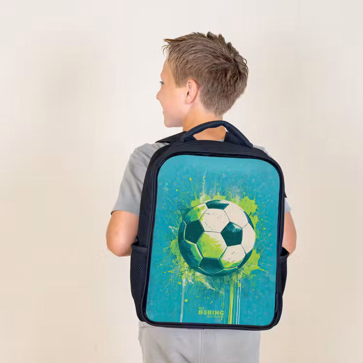Kids backpack - Black - Soccer - Paint Splashes - Green - Blue — 2