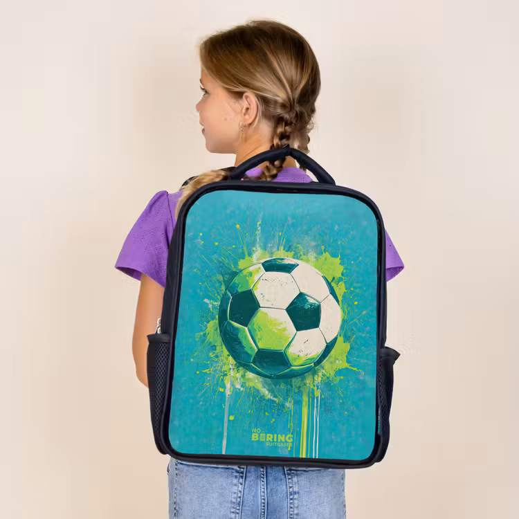 Kids backpack - Black - Soccer - Paint Splashes - Green - Blue — 4