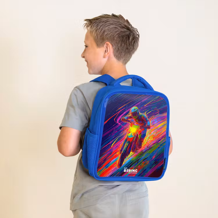 Kids backpack - Blue - Cross bike - Neon colors - Lines - Helmet — 2