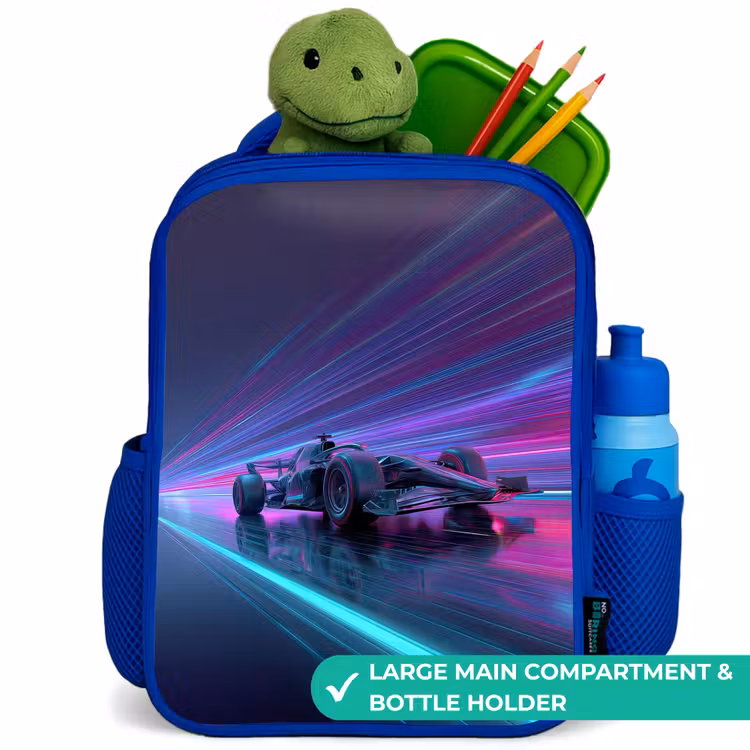 Kids backpack - Blue - Neon - Race car - Light stripes - Purple — 5