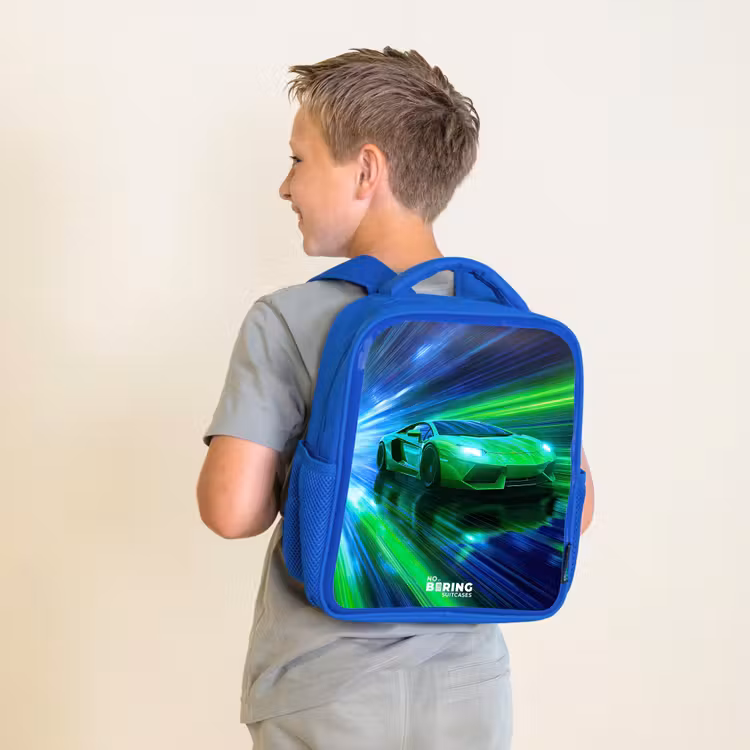 Kids backpack - Blue - Race car - Bright green - Beams of light - Speed — 2