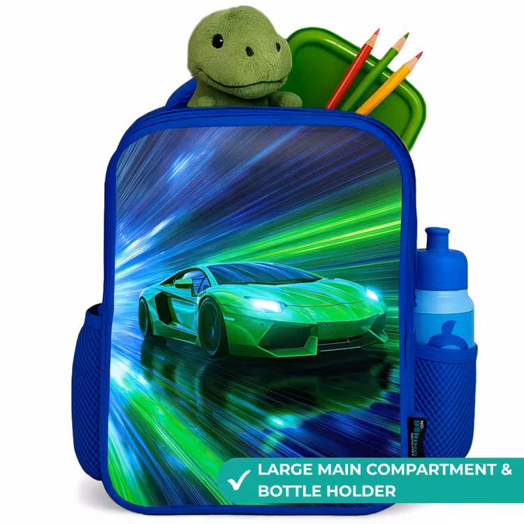 Kids backpack - Blue - Race car - Bright green - Beams of light - Speed — 5