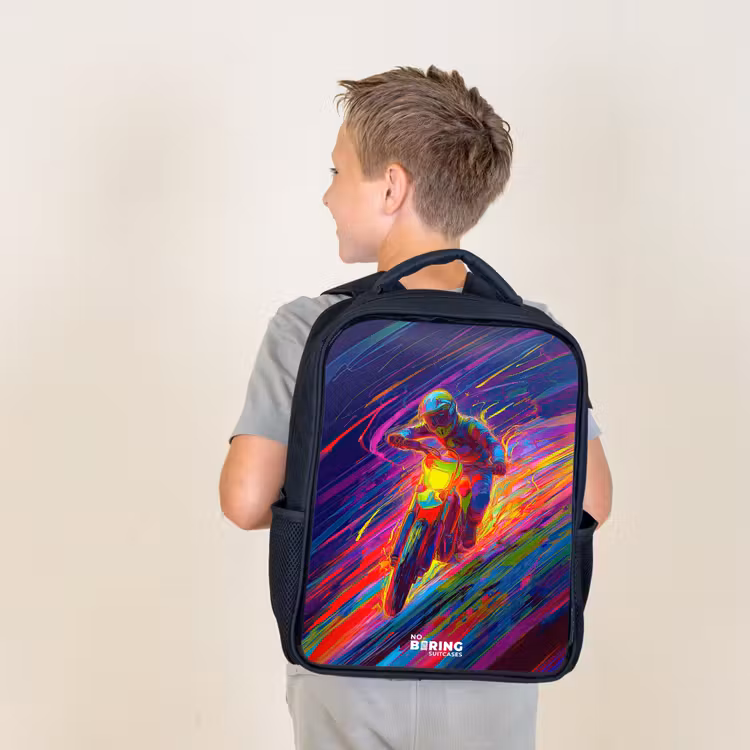 Kids backpack - Black - Cross bike - Neon colors - Lines - Helmet — 2