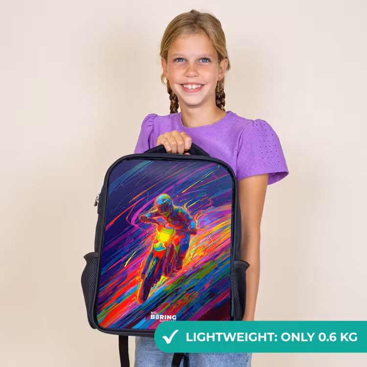 Kids backpack - Black - Cross bike - Neon colors - Lines - Helmet — 9
